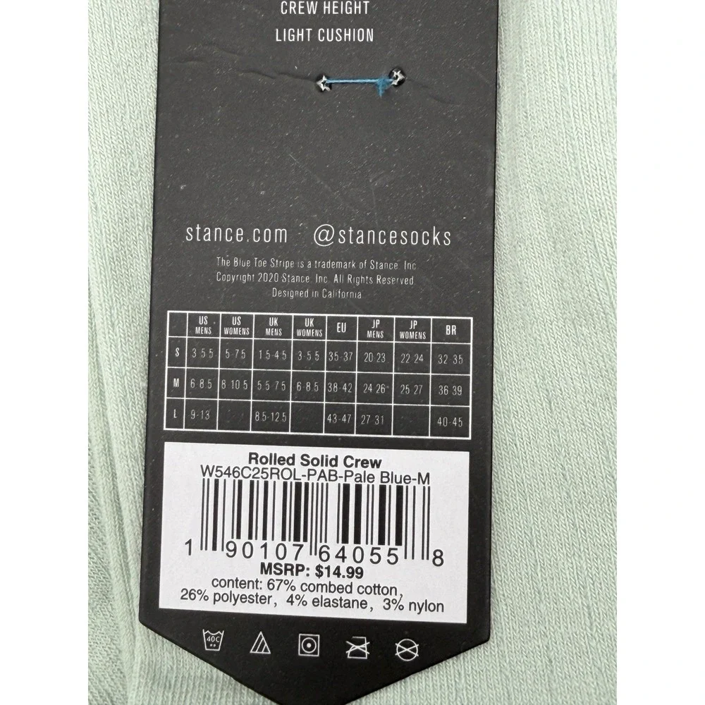 Stance Rolled Solid Crew Socks Pale Blue Womens Medium NWT W546C25ROL-PAB